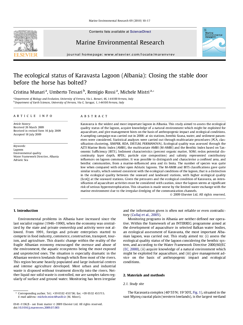 The ecological status of Karavasta Lagoon (Albania): Closing the stable door before the horse has bolted?