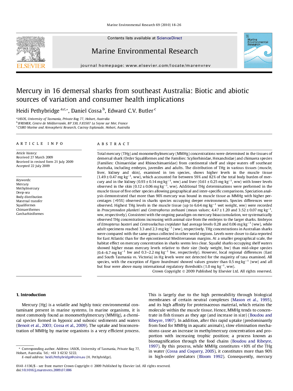 Mercury in 16 demersal sharks from southeast Australia: Biotic and abiotic sources of variation and consumer health implications