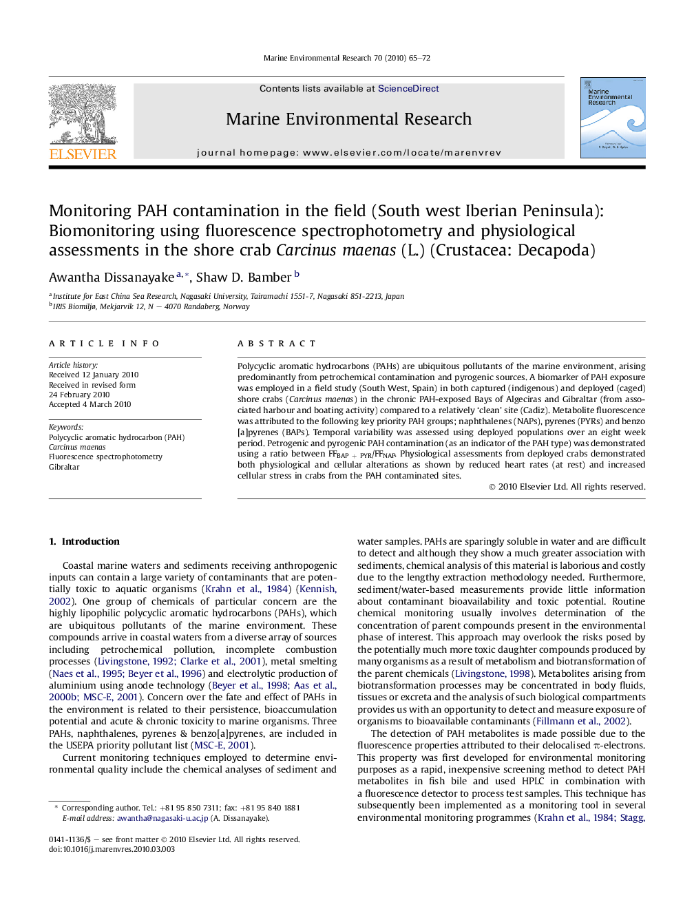 Monitoring PAH contamination in the field (South west Iberian Peninsula): Biomonitoring using fluorescence spectrophotometry and physiological assessments in the shore crab Carcinus maenas (L.) (Crustacea: Decapoda)