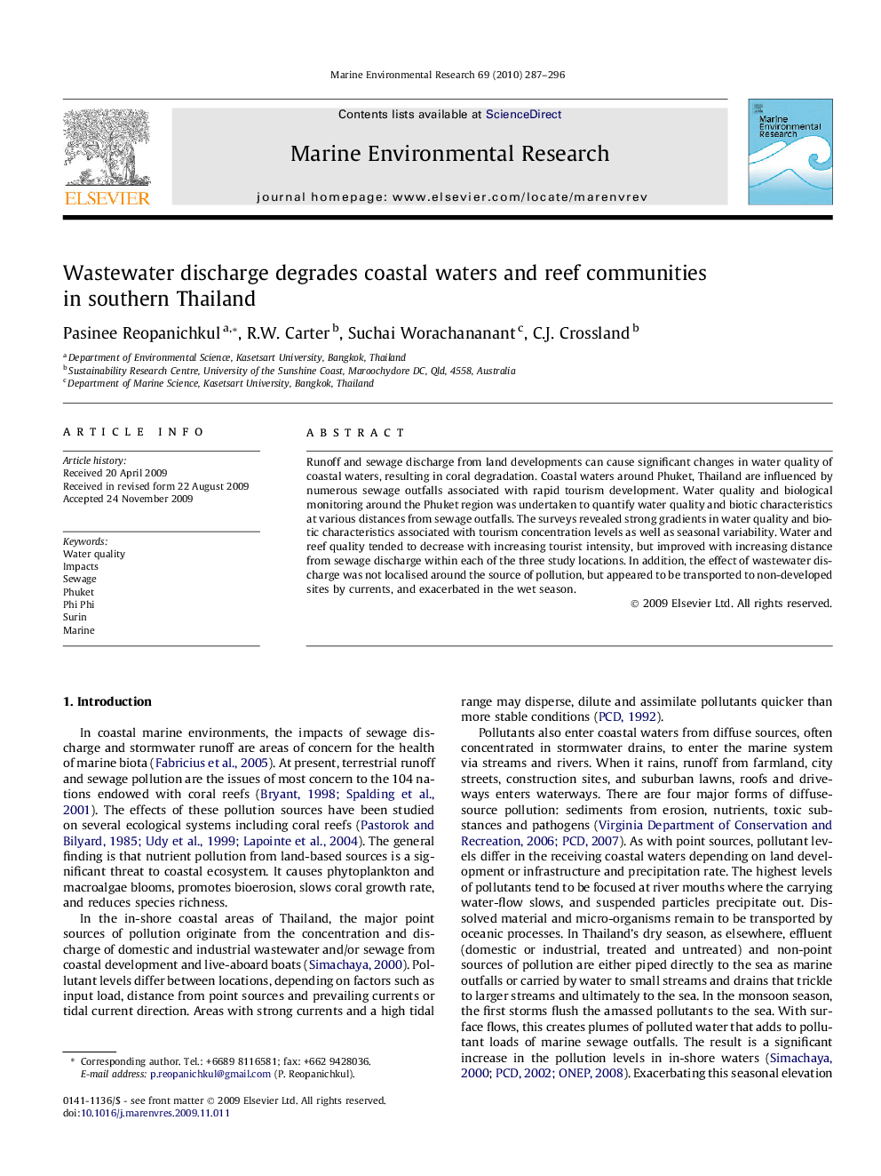 Wastewater discharge degrades coastal waters and reef communities in southern Thailand