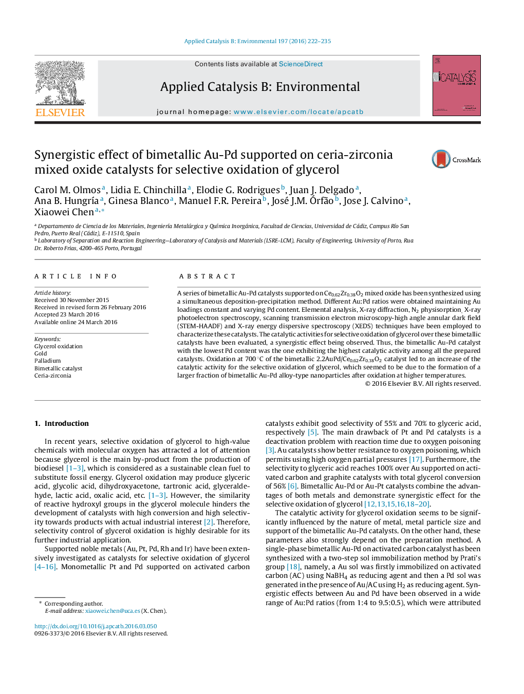 Synergistic effect of bimetallic Au-Pd supported on ceria-zirconia mixed oxide catalysts for selective oxidation of glycerol