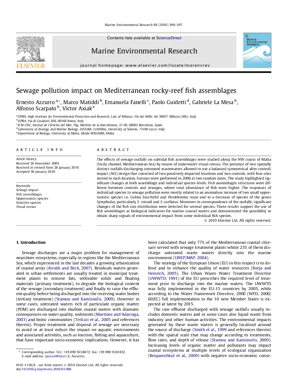 Sewage pollution impact on Mediterranean rocky-reef fish assemblages