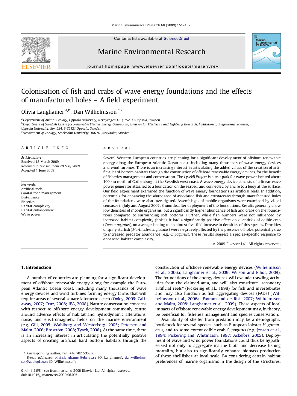 Colonisation of fish and crabs of wave energy foundations and the effects of manufactured holes – A field experiment