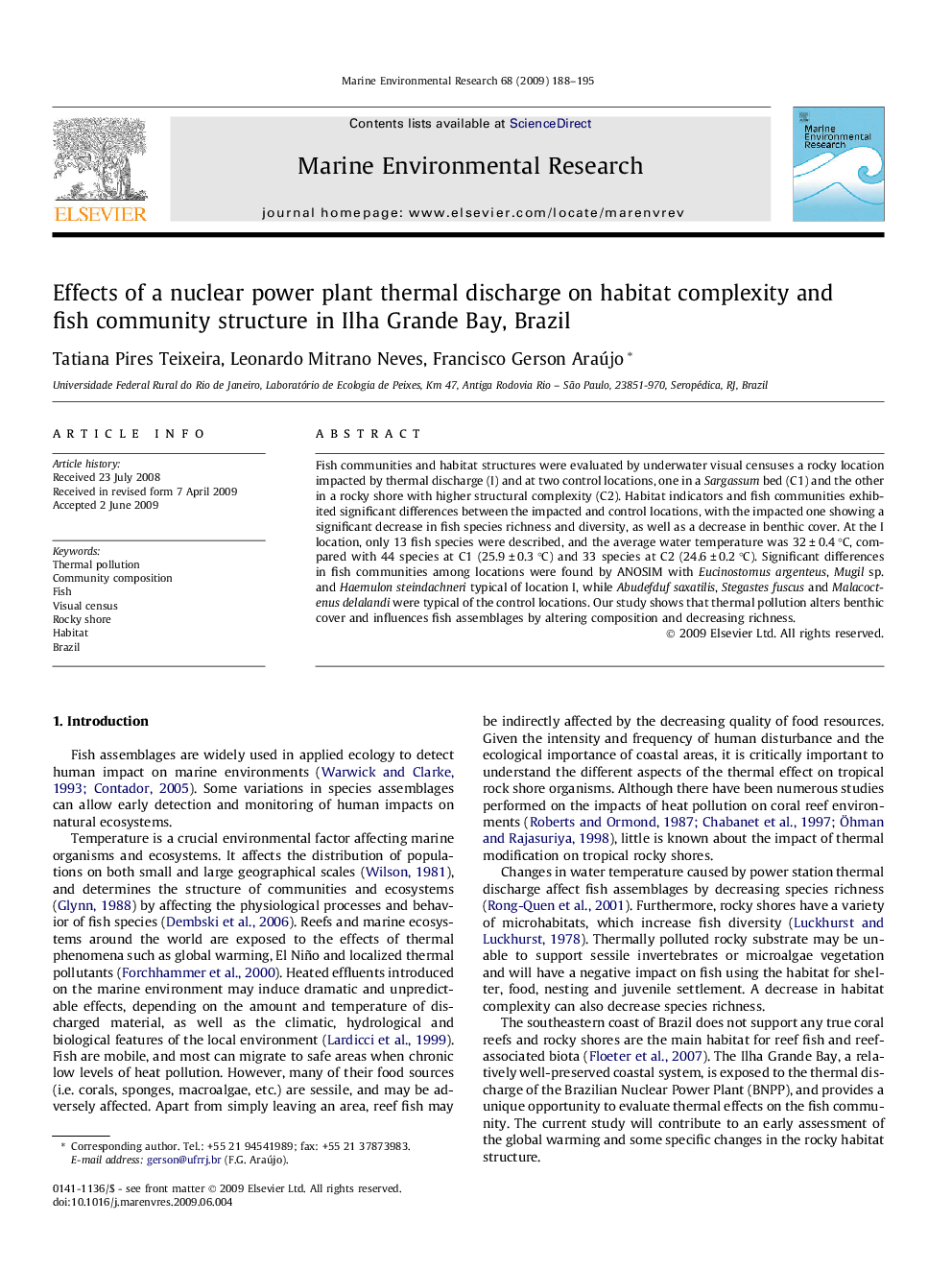 Effects of a nuclear power plant thermal discharge on habitat complexity and fish community structure in Ilha Grande Bay, Brazil