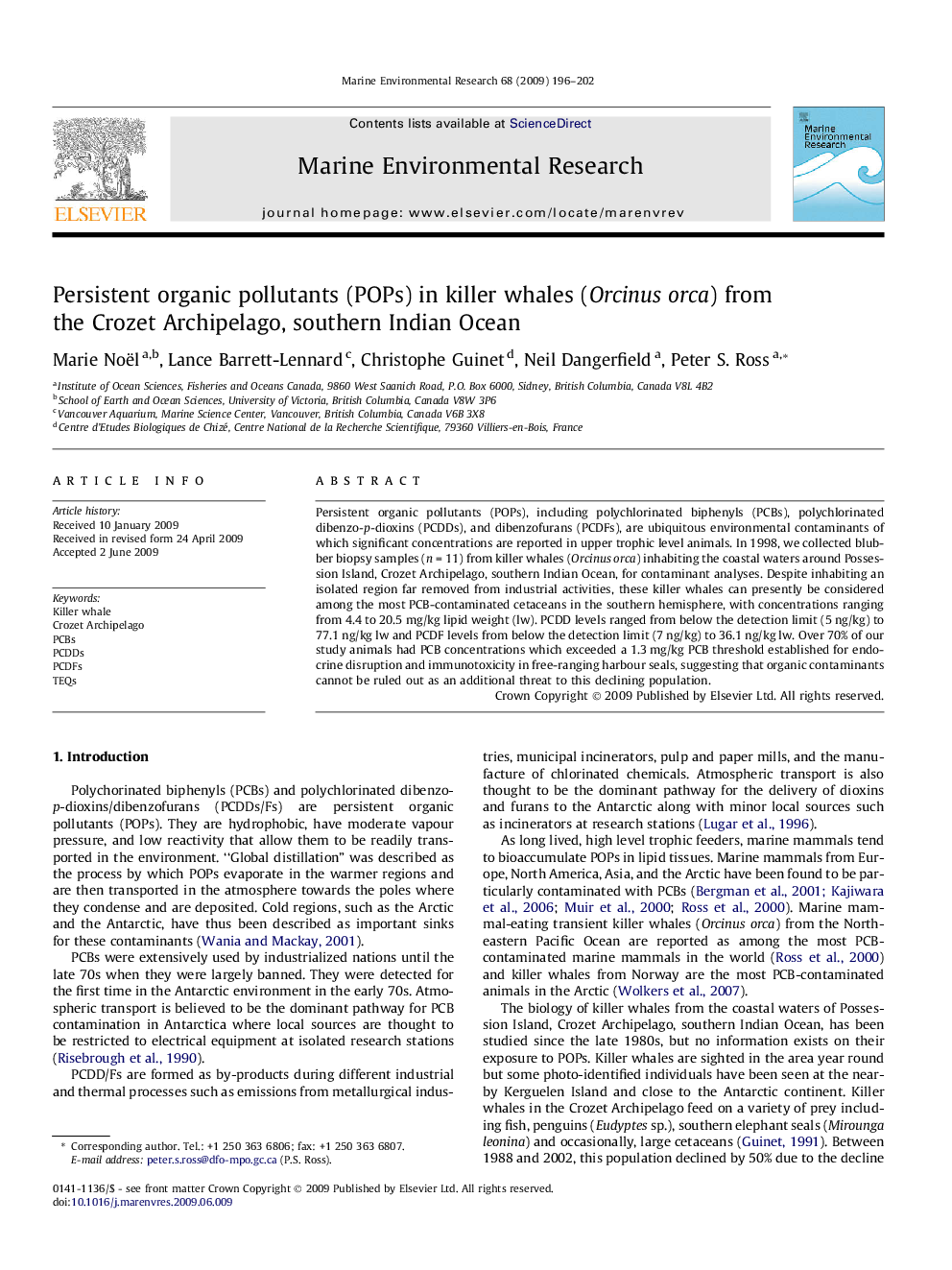 Persistent organic pollutants (POPs) in killer whales (Orcinus orca) from the Crozet Archipelago, southern Indian Ocean