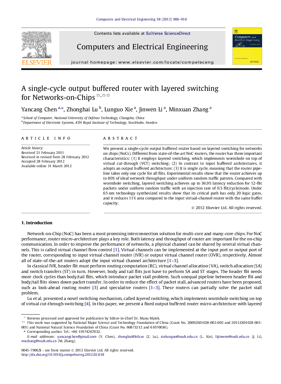 A single-cycle output buffered router with layered switching for Networks-on-Chips 