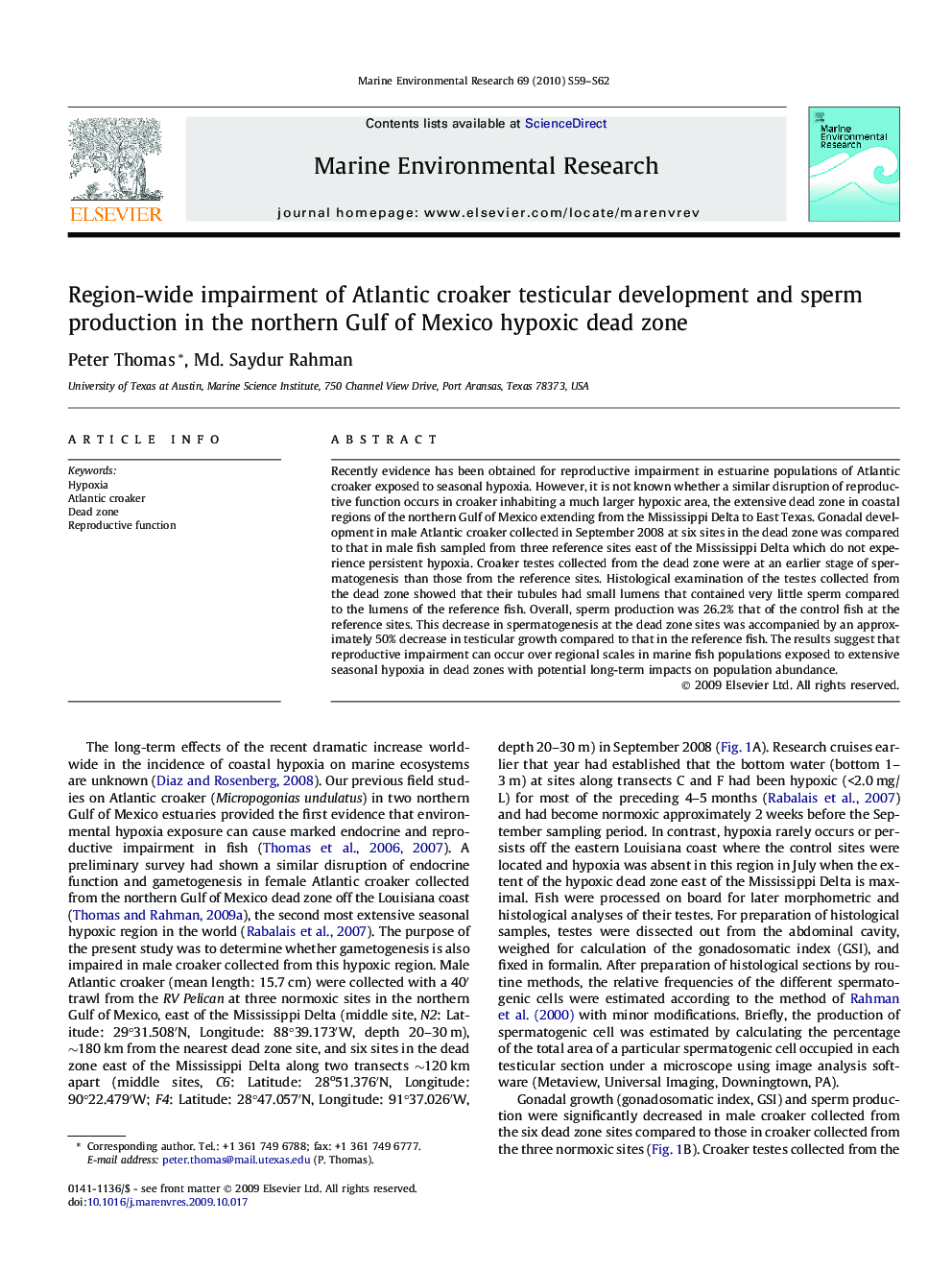 Region-wide impairment of Atlantic croaker testicular development and sperm production in the northern Gulf of Mexico hypoxic dead zone