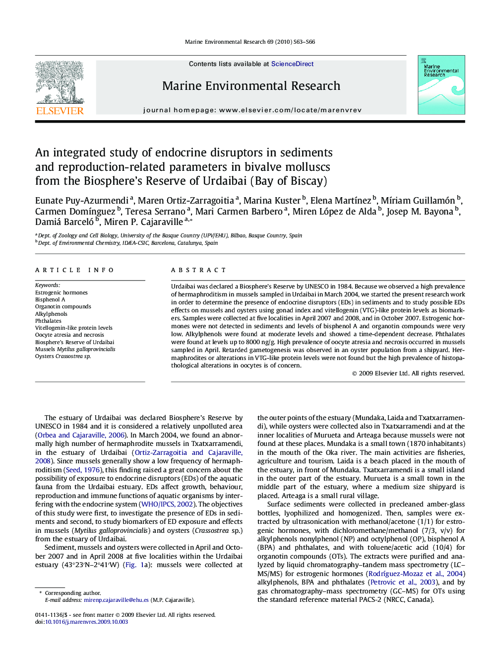 An integrated study of endocrine disruptors in sediments and reproduction-related parameters in bivalve molluscs from the Biosphere’s Reserve of Urdaibai (Bay of Biscay)