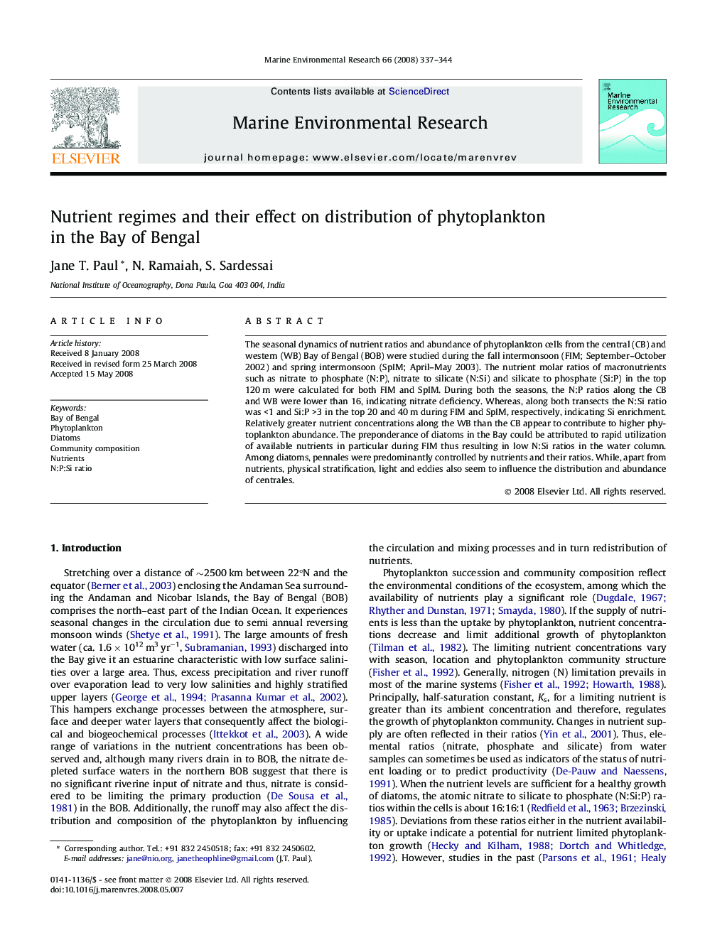 Nutrient regimes and their effect on distribution of phytoplankton in the Bay of Bengal