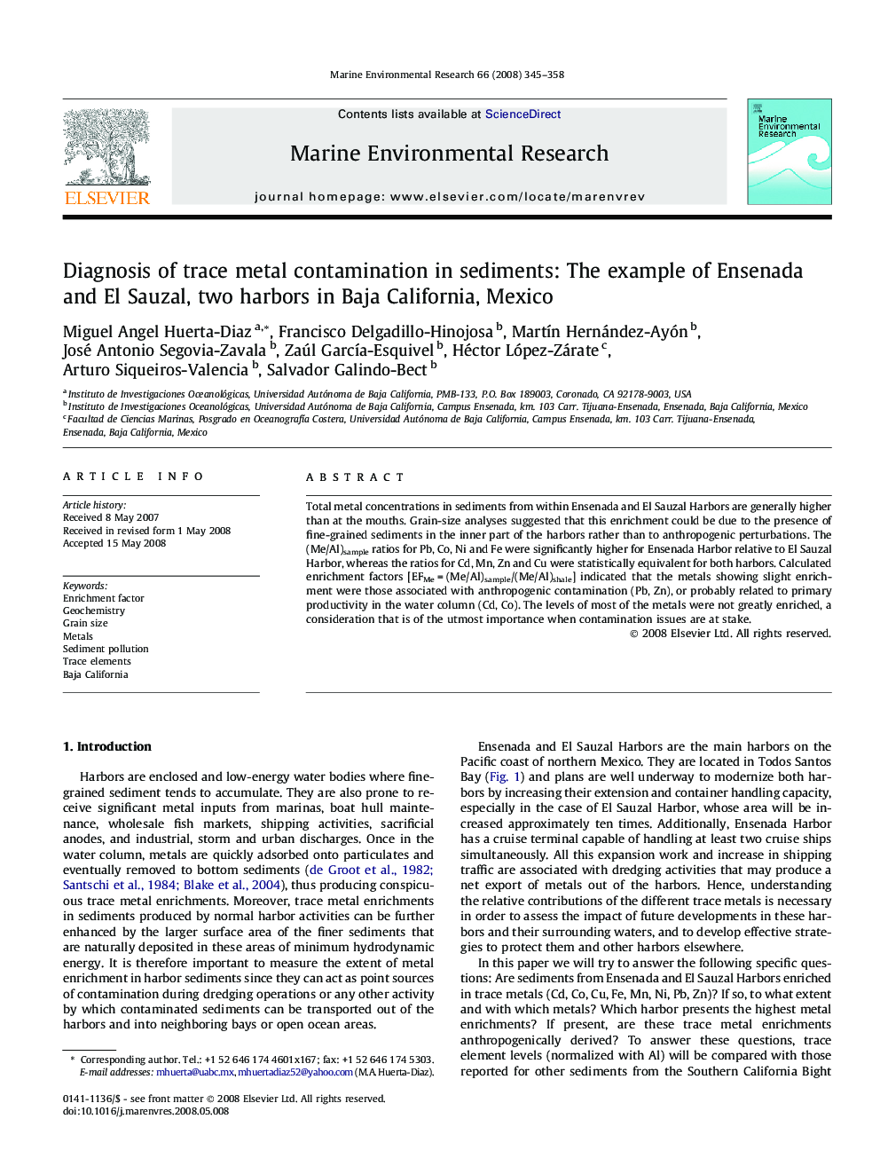 Diagnosis of trace metal contamination in sediments: The example of Ensenada and El Sauzal, two harbors in Baja California, Mexico