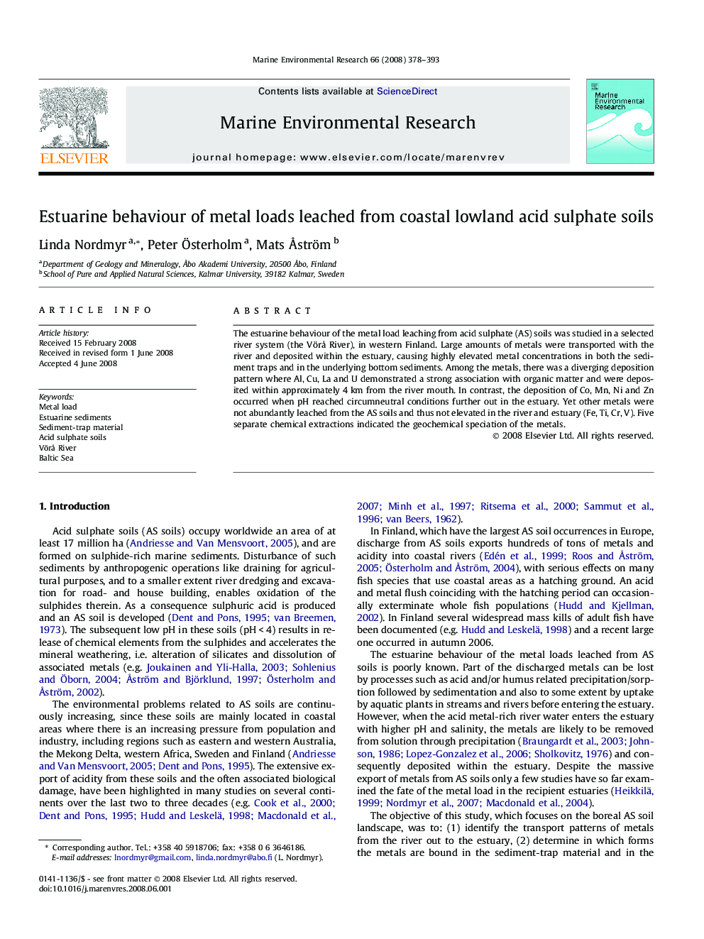 Estuarine behaviour of metal loads leached from coastal lowland acid sulphate soils