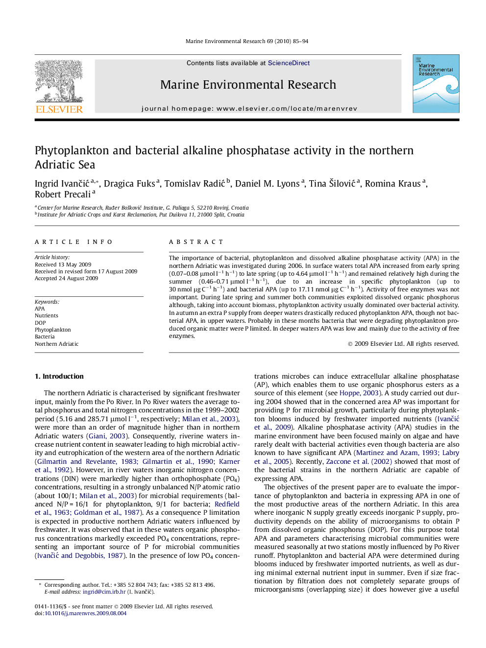 Phytoplankton and bacterial alkaline phosphatase activity in the northern Adriatic Sea