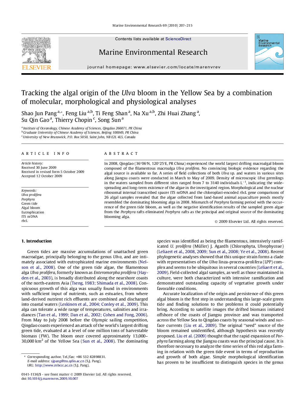 Tracking the algal origin of the Ulva bloom in the Yellow Sea by a combination of molecular, morphological and physiological analyses