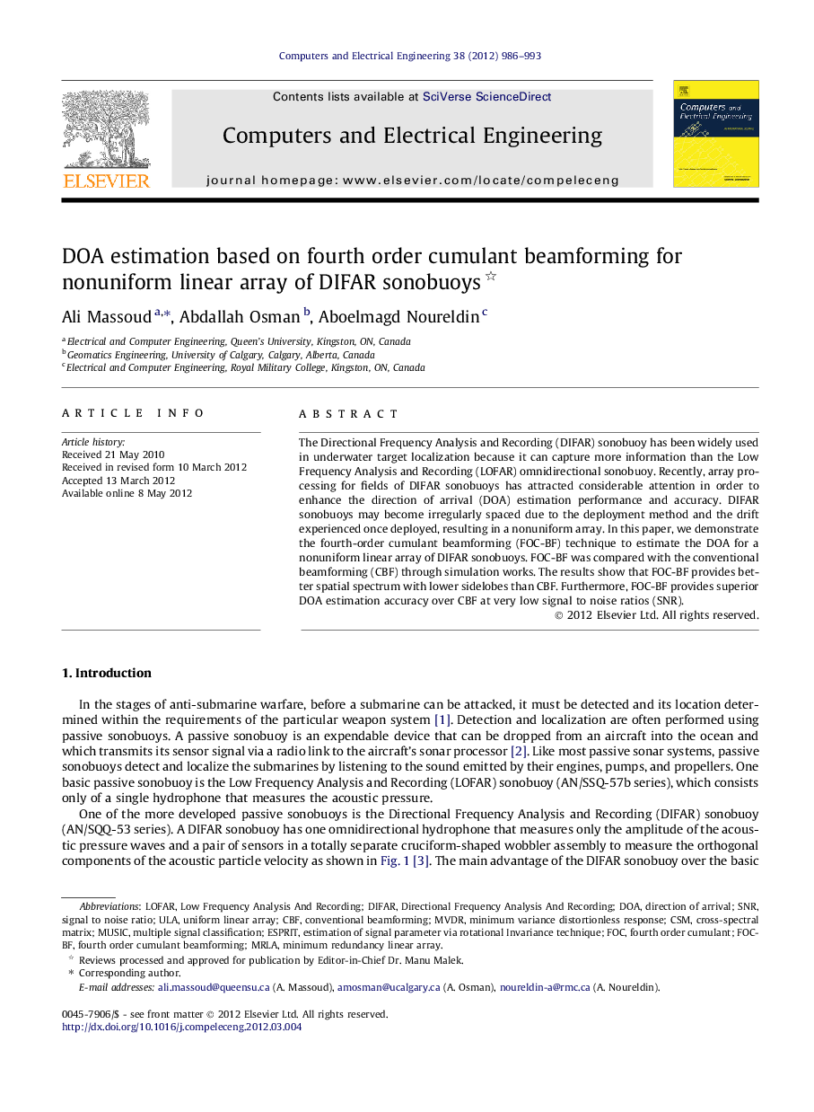 DOA estimation based on fourth order cumulant beamforming for nonuniform linear array of DIFAR sonobuoys 