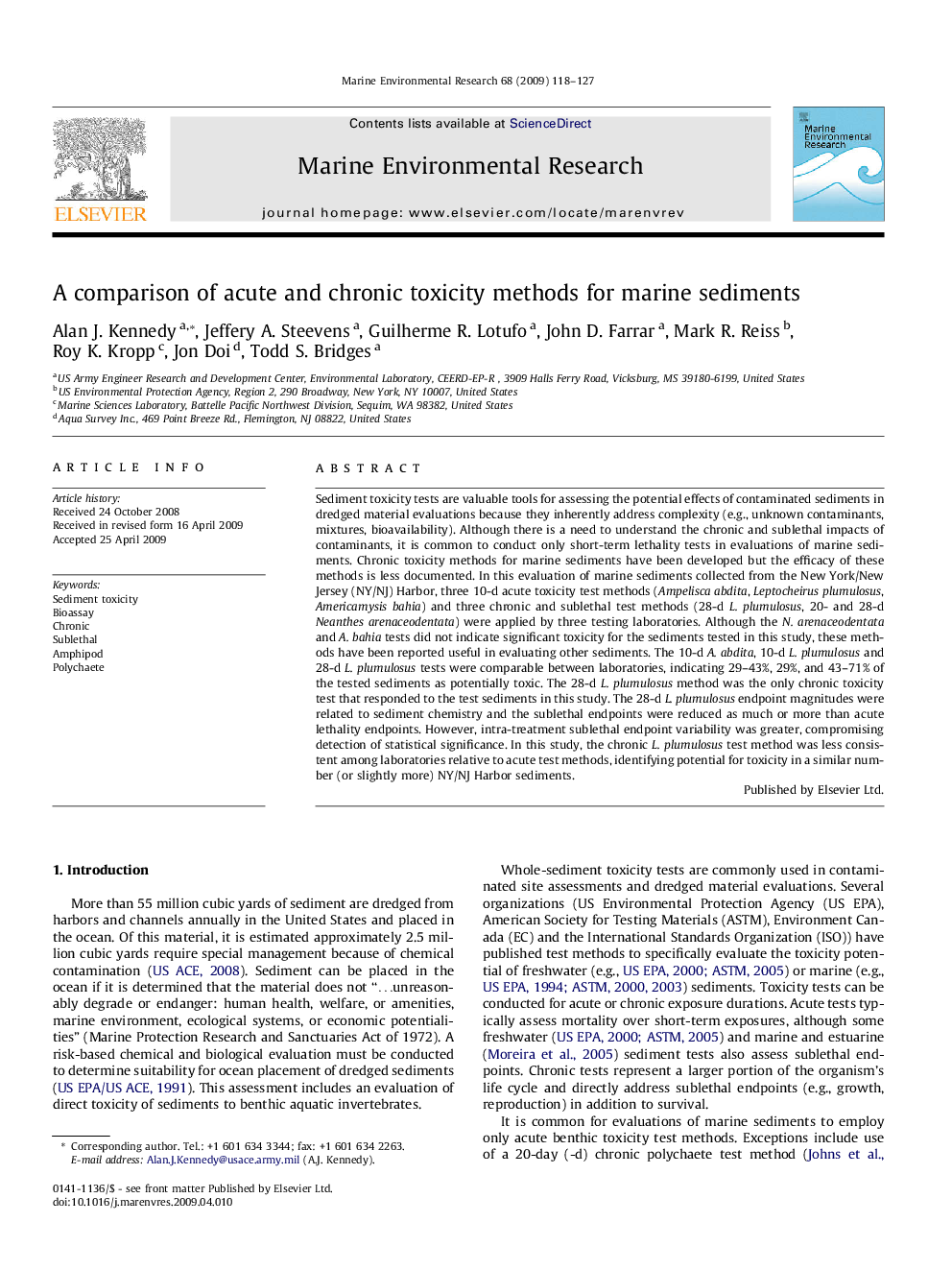 A comparison of acute and chronic toxicity methods for marine sediments