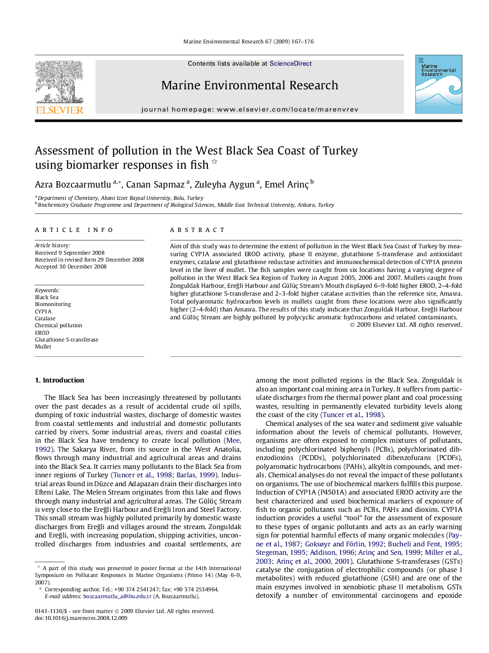 Assessment of pollution in the West Black Sea Coast of Turkey using biomarker responses in fish 