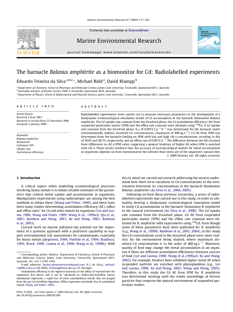 The barnacle Balanus amphitrite as a biomonitor for Cd: Radiolabelled experiments