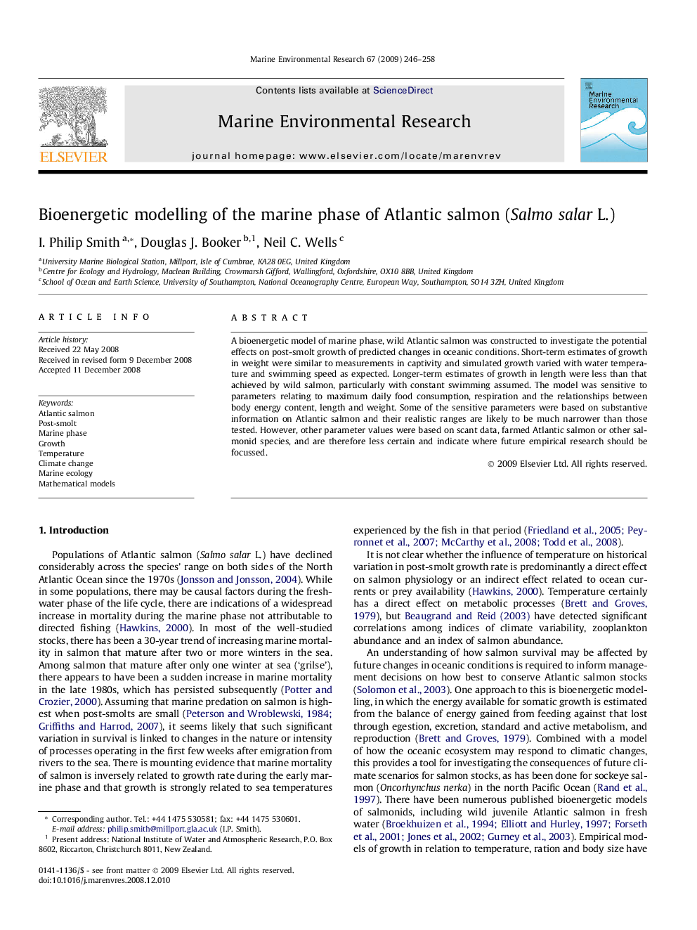 Bioenergetic modelling of the marine phase of Atlantic salmon (Salmo salar L.)