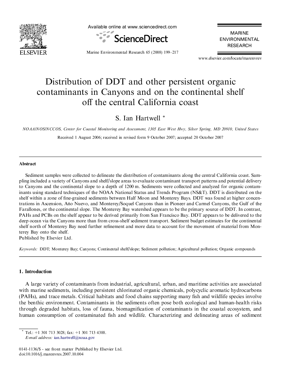 Distribution of DDT and other persistent organic contaminants in Canyons and on the continental shelf off the central California coast