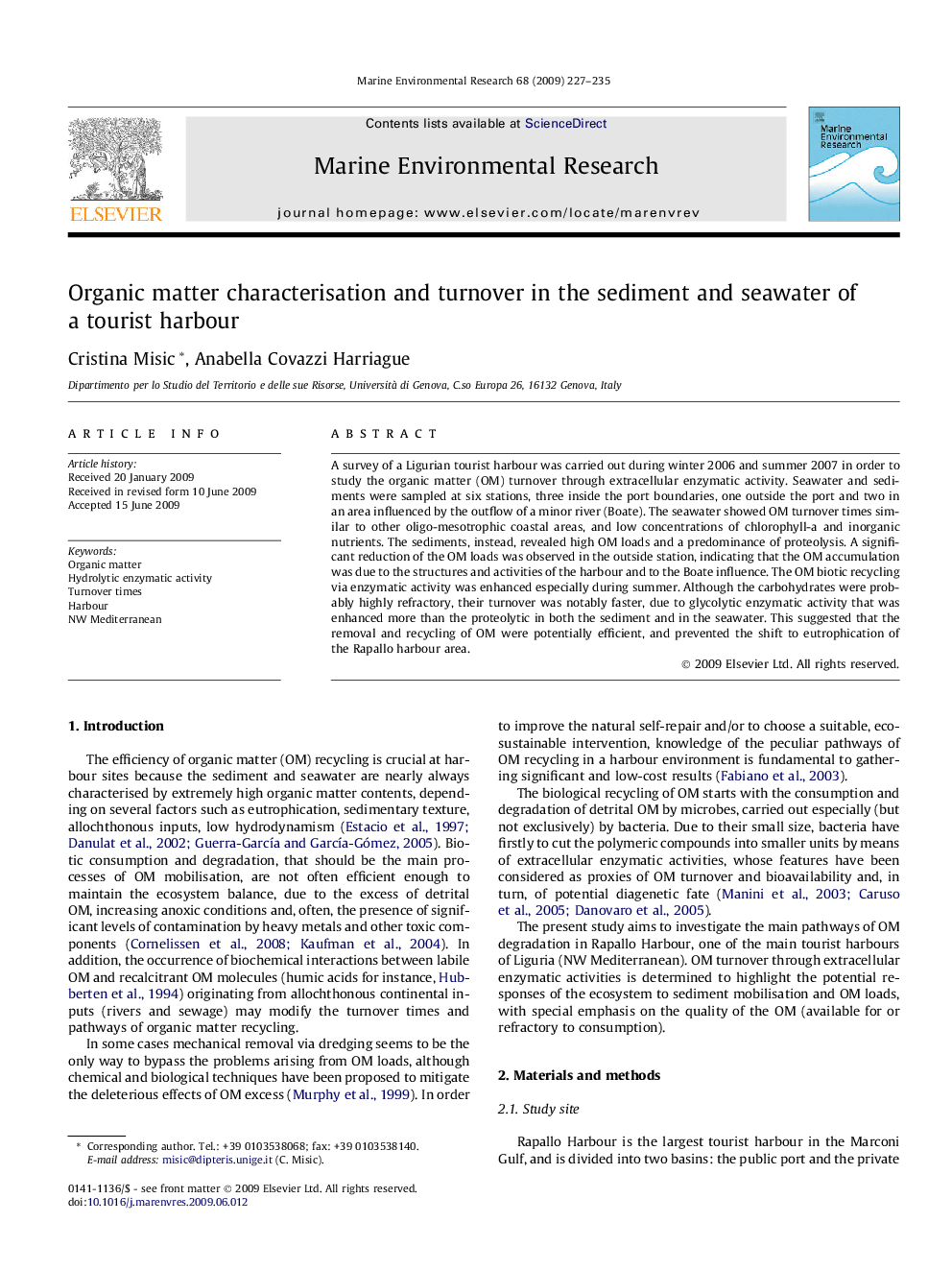 Organic matter characterisation and turnover in the sediment and seawater of a tourist harbour