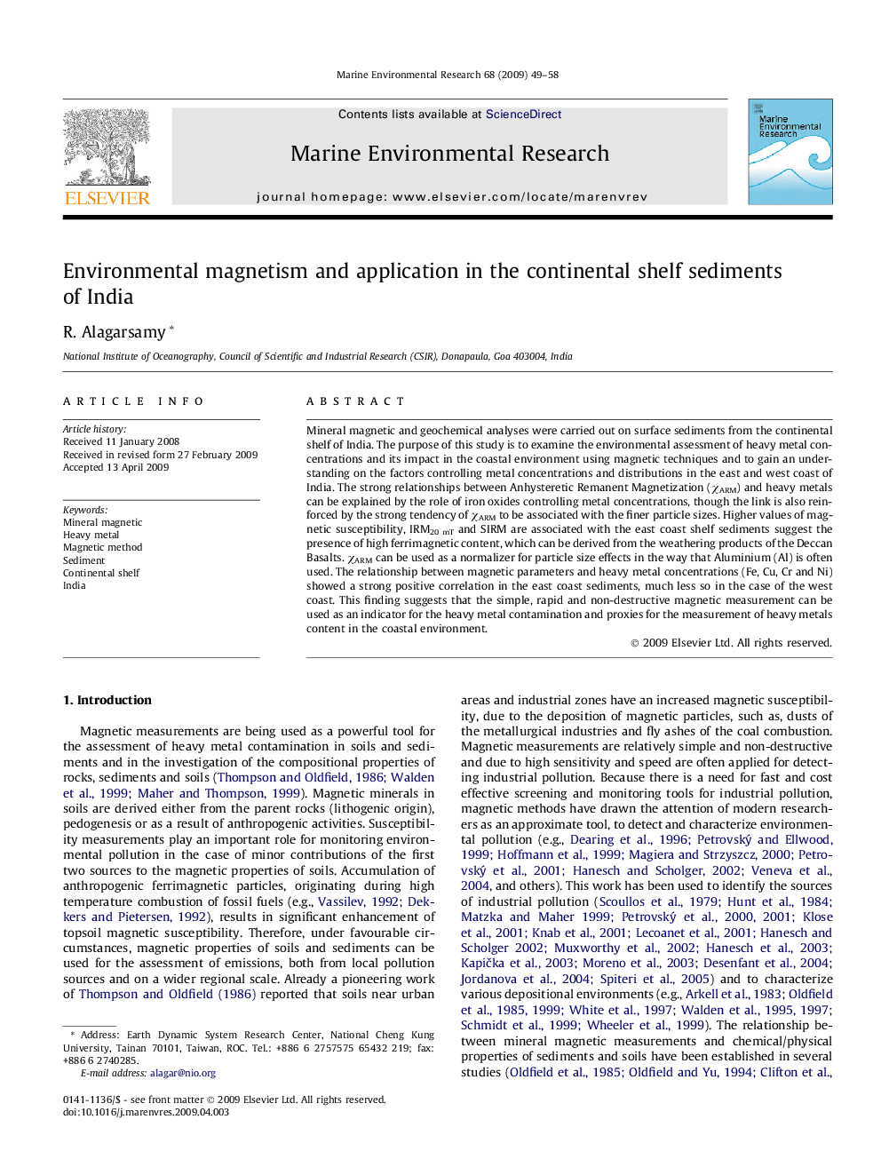 Environmental magnetism and application in the continental shelf sediments of India