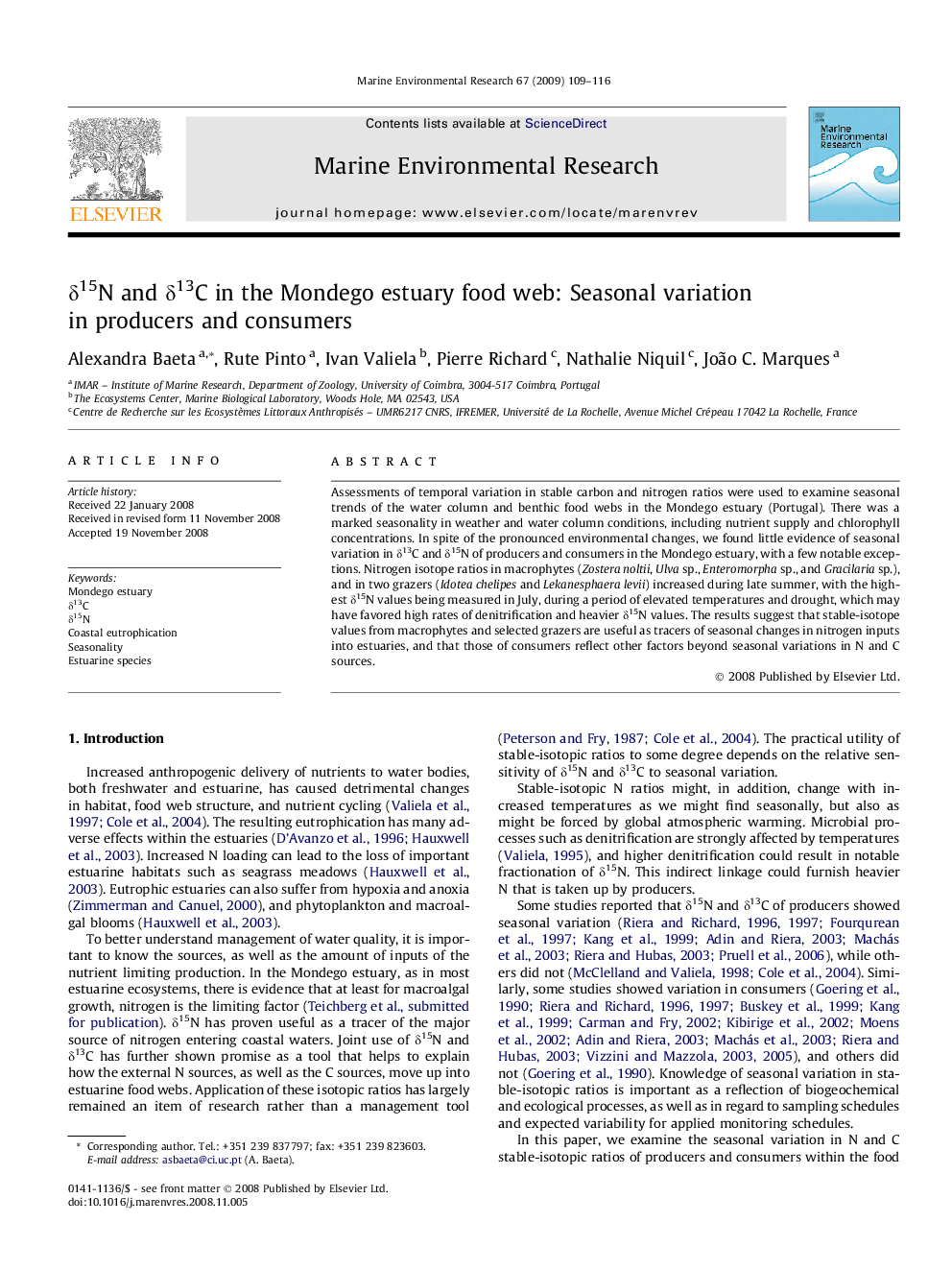 δ15N and δ13C in the Mondego estuary food web: Seasonal variation in producers and consumers