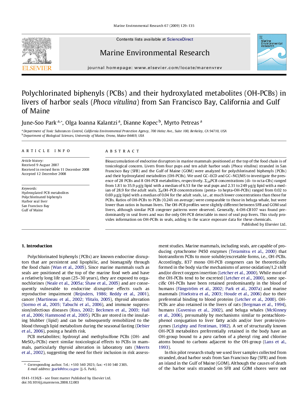 Polychlorinated biphenyls (PCBs) and their hydroxylated metabolites (OH-PCBs) in livers of harbor seals (Phoca vitulina) from San Francisco Bay, California and Gulf of Maine