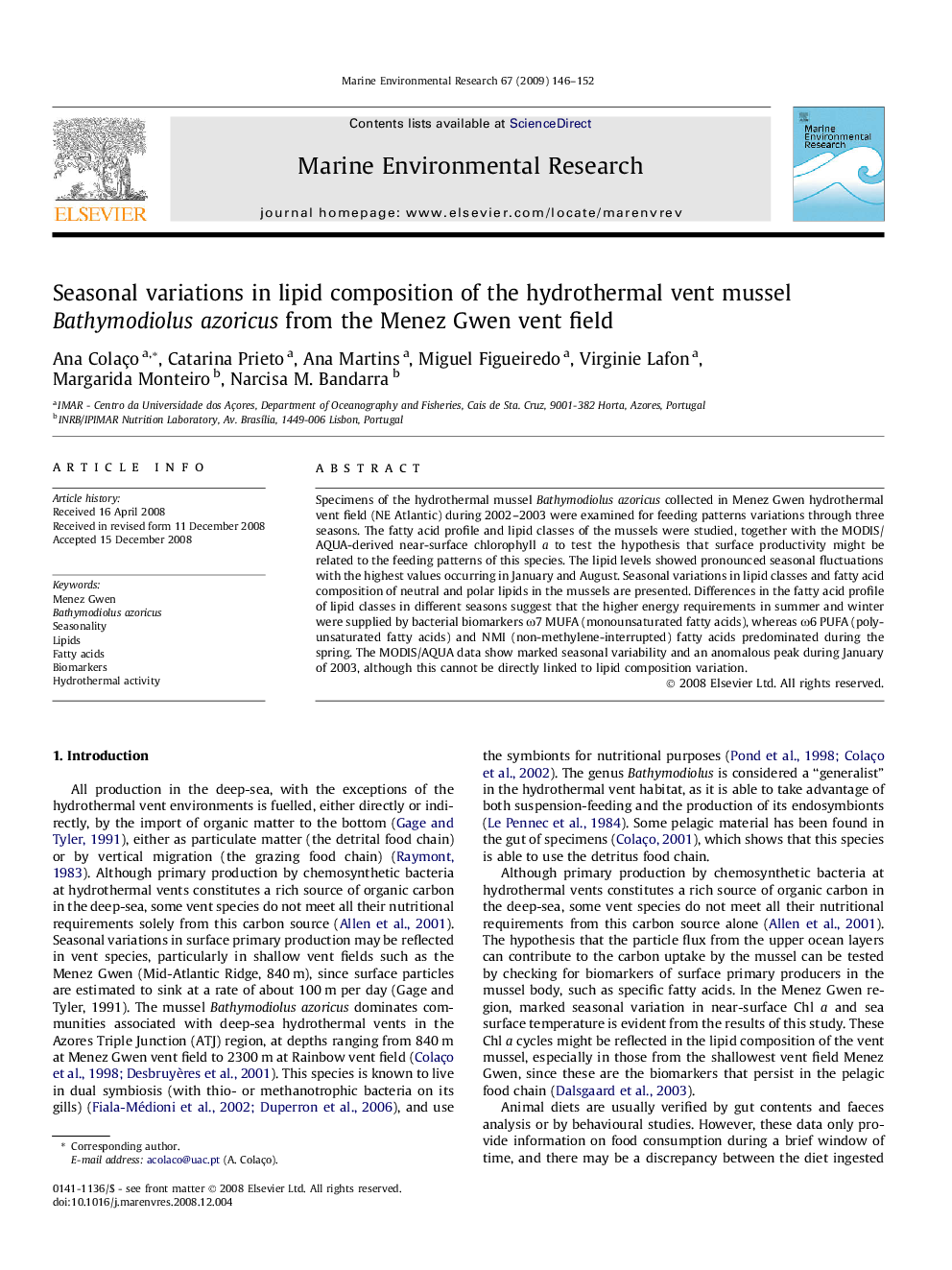 Seasonal variations in lipid composition of the hydrothermal vent mussel Bathymodiolus azoricus from the Menez Gwen vent field