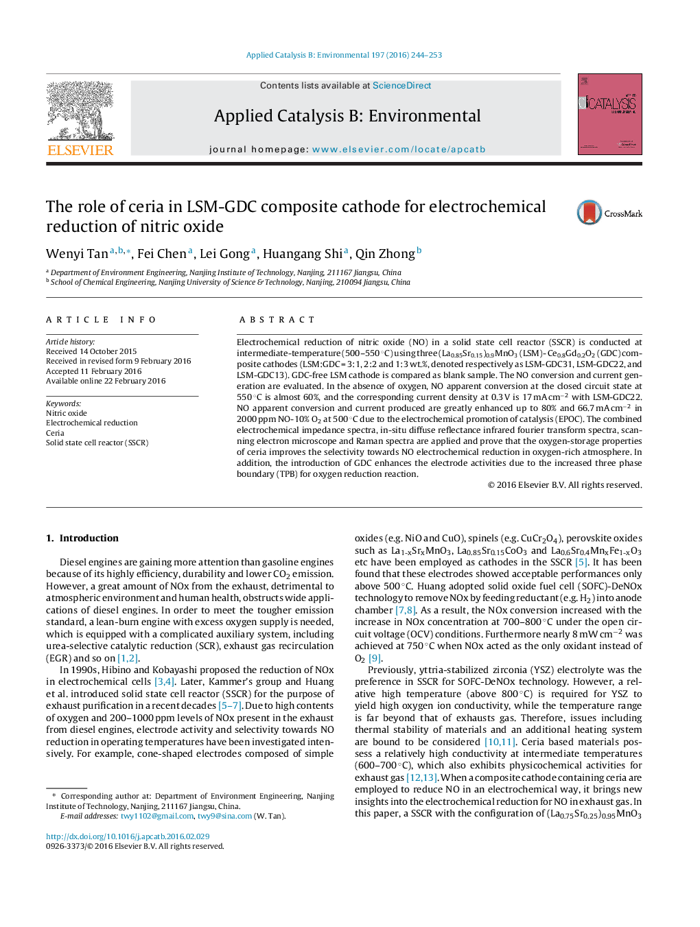 The role of ceria in LSM-GDC composite cathode for electrochemical reduction of nitric oxide