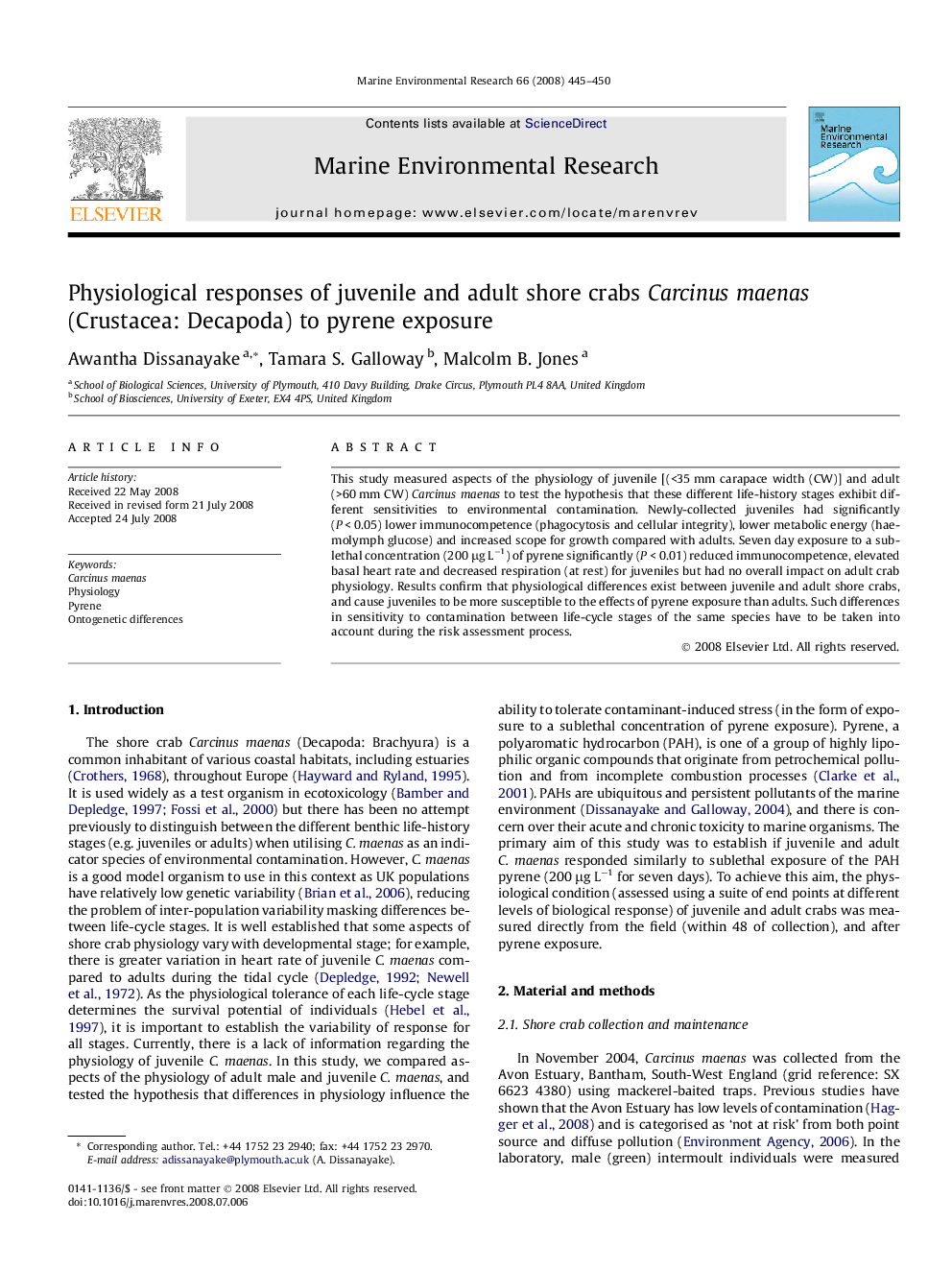 Physiological responses of juvenile and adult shore crabs Carcinus maenas (Crustacea: Decapoda) to pyrene exposure