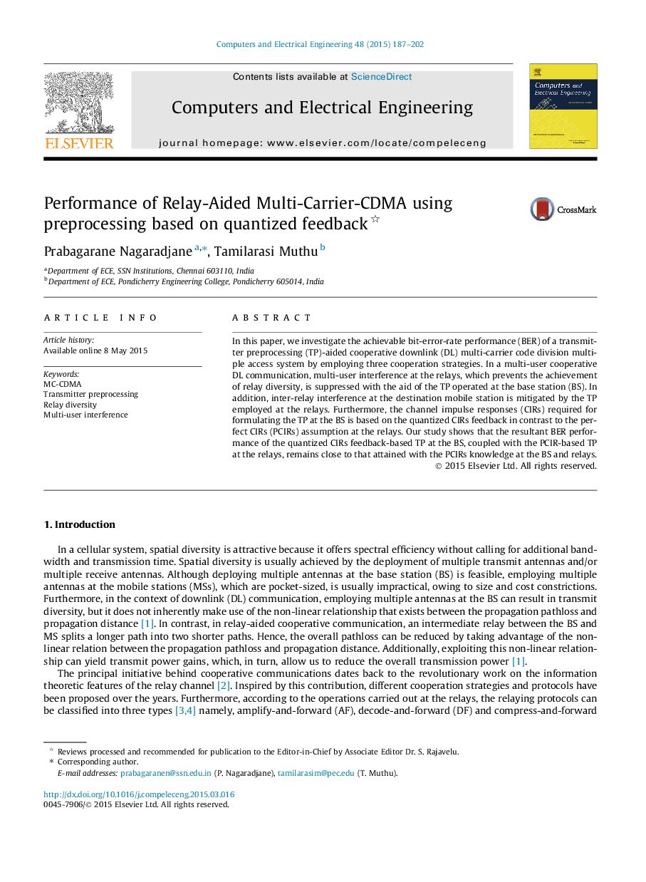 عکس صفحه اول مقاله: Performance of Relay-Aided Multi-Carrier-CDMA using preprocessing based on quantized feedback Performance of Relay-Aided Multi-Carrier-CDMA using preprocessing based on quantized feedback