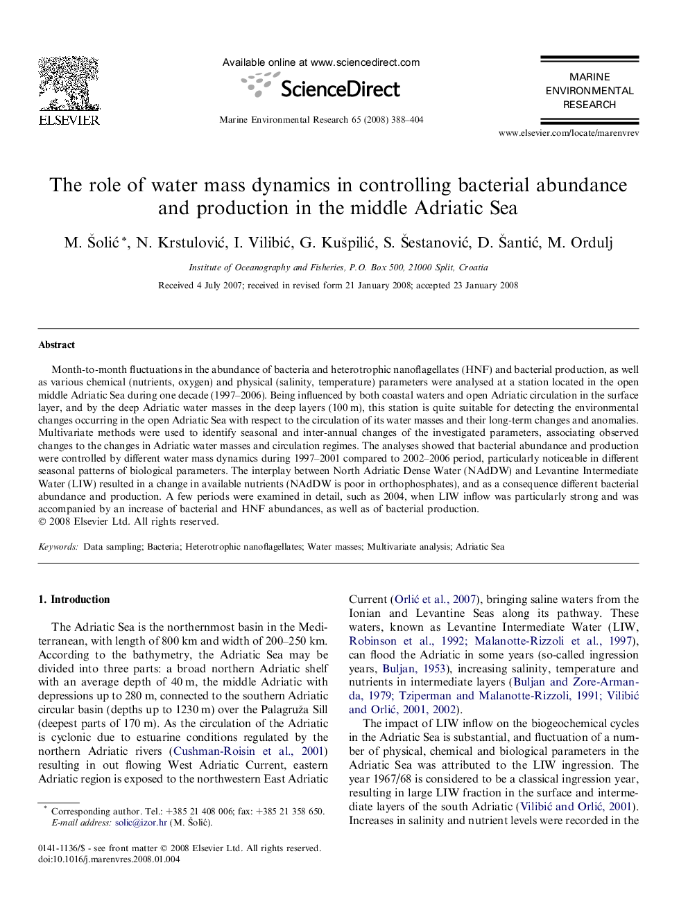 The role of water mass dynamics in controlling bacterial abundance and production in the middle Adriatic Sea