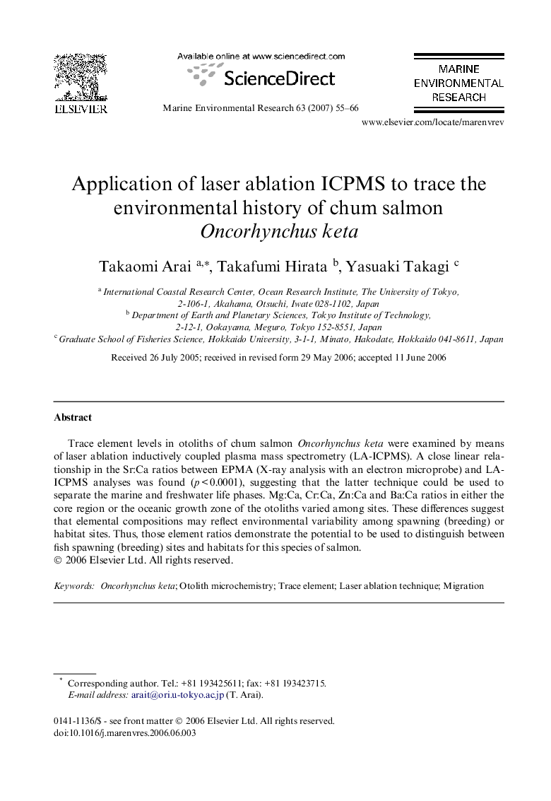 Application of laser ablation ICPMS to trace the environmental history of chum salmon Oncorhynchus keta