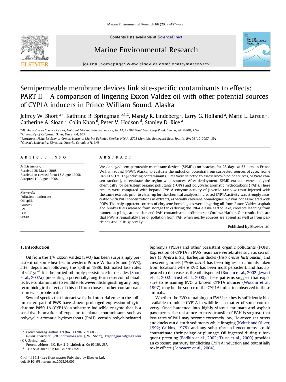 Semipermeable membrane devices link site-specific contaminants to effects: PART II – A comparison of lingering Exxon Valdez oil with other potential sources of CYP1A inducers in Prince William Sound, Alaska