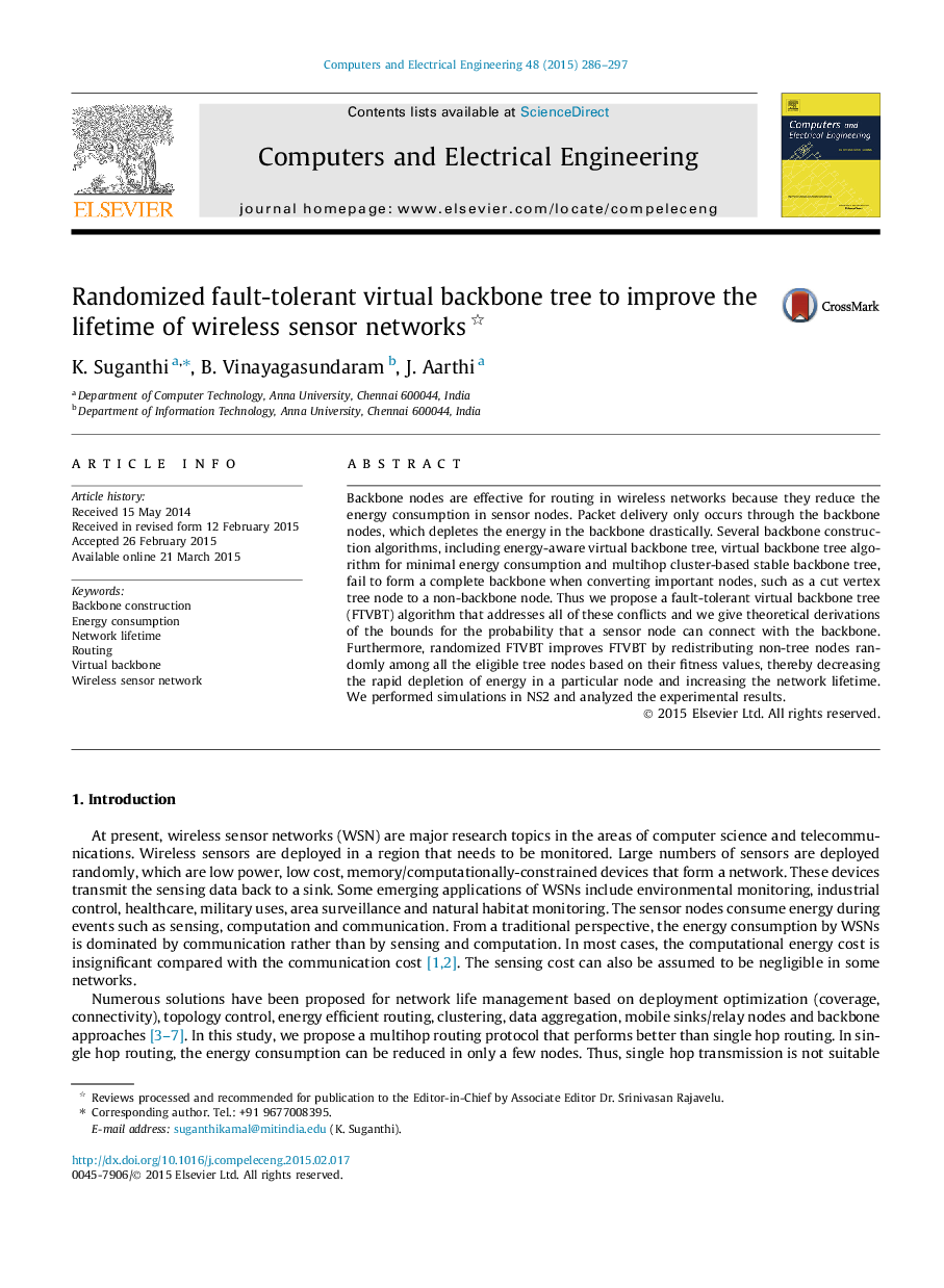 Randomized fault-tolerant virtual backbone tree to improve the lifetime of wireless sensor networks 