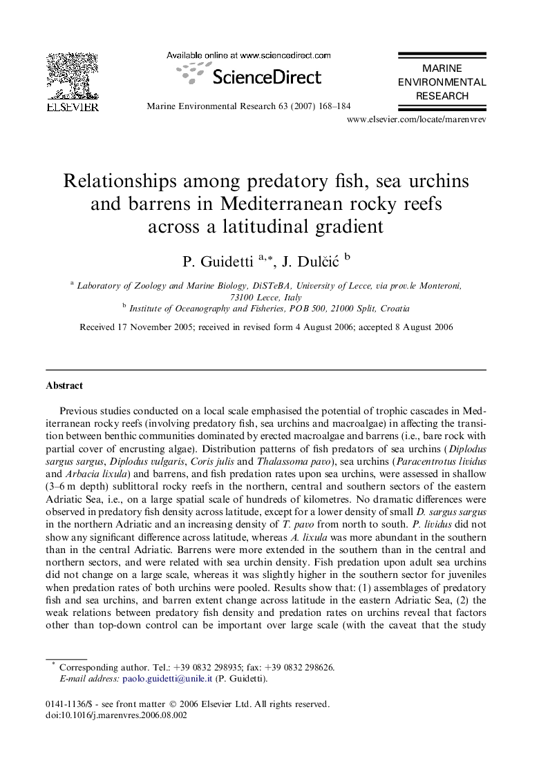 Relationships among predatory fish, sea urchins and barrens in Mediterranean rocky reefs across a latitudinal gradient