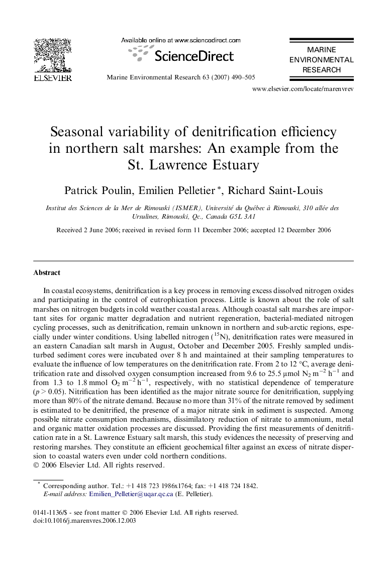 Seasonal variability of denitrification efficiency in northern salt marshes: An example from the St. Lawrence Estuary