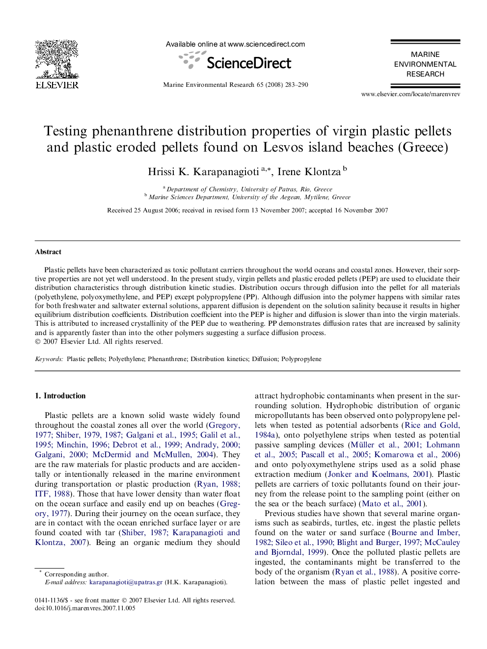 Testing phenanthrene distribution properties of virgin plastic pellets and plastic eroded pellets found on Lesvos island beaches (Greece)