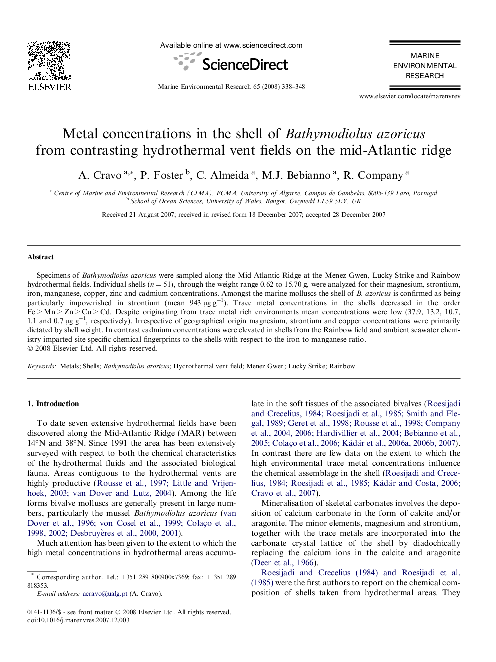 Metal concentrations in the shell of Bathymodiolus azoricus from contrasting hydrothermal vent fields on the mid-Atlantic ridge