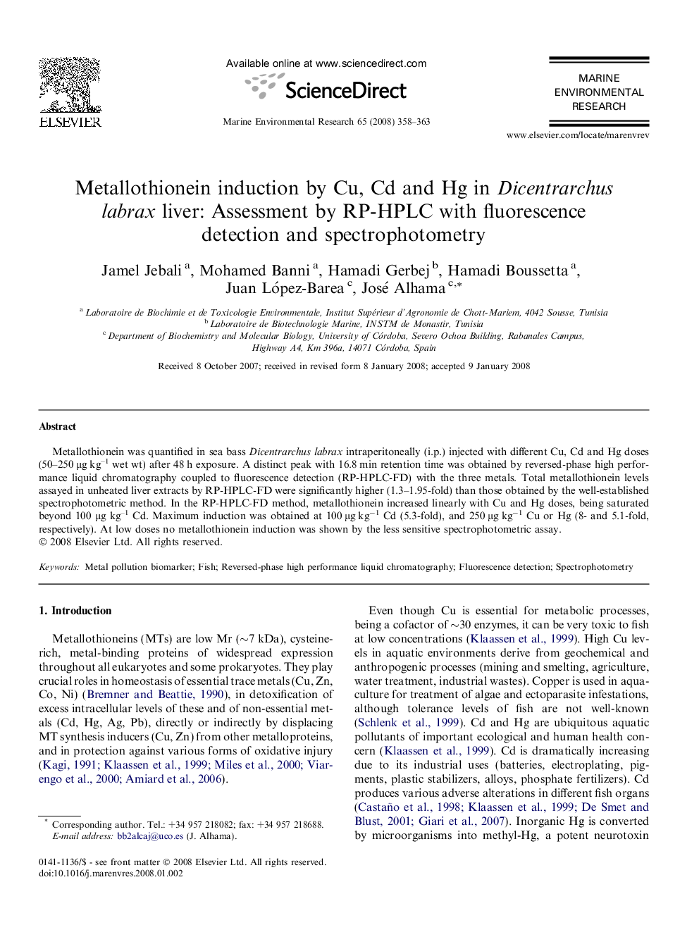 Metallothionein induction by Cu, Cd and Hg in Dicentrarchus labrax liver: Assessment by RP-HPLC with fluorescence detection and spectrophotometry