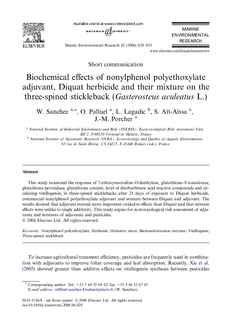 Biochemical effects of nonylphenol polyethoxylate adjuvant, Diquat herbicide and their mixture on the three-spined stickleback (Gasterosteus aculeatus L.)