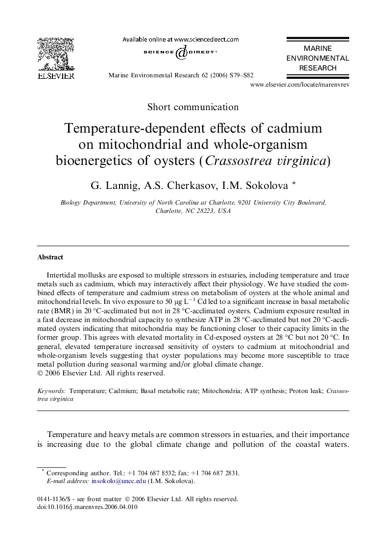 Temperature-dependent effects of cadmium on mitochondrial and whole-organism bioenergetics of oysters (Crassostrea virginica)