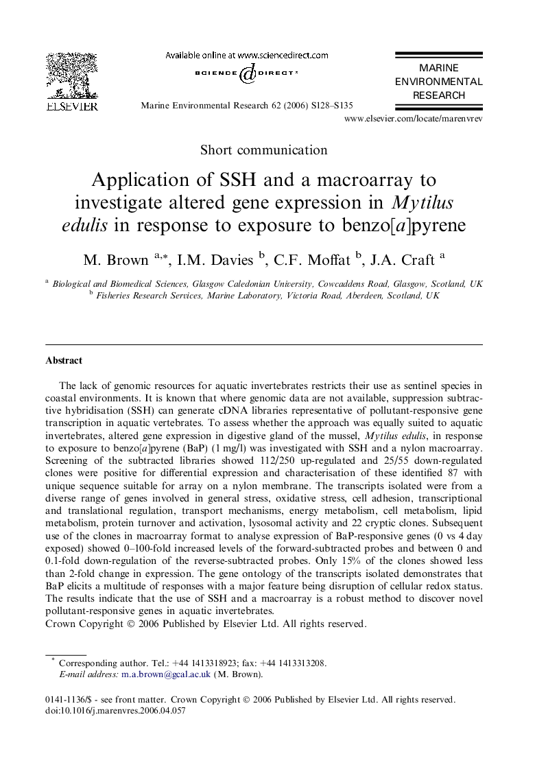 Application of SSH and a macroarray to investigate altered gene expression in Mytilus edulis in response to exposure to benzo[a]pyrene