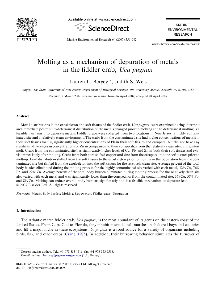 Molting as a mechanism of depuration of metals in the fiddler crab, Uca pugnax