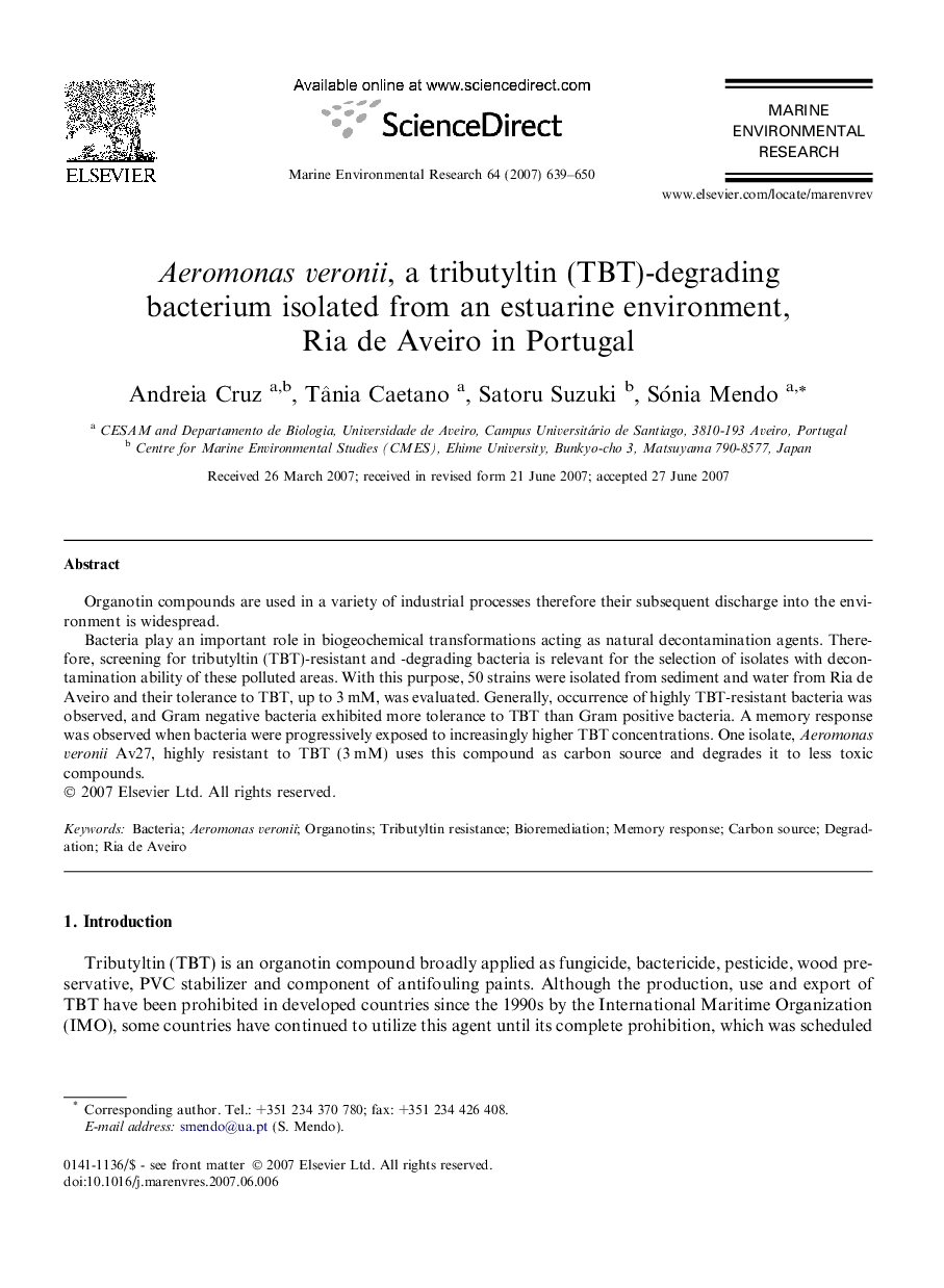 Aeromonas veronii, a tributyltin (TBT)-degrading bacterium isolated from an estuarine environment, Ria de Aveiro in Portugal