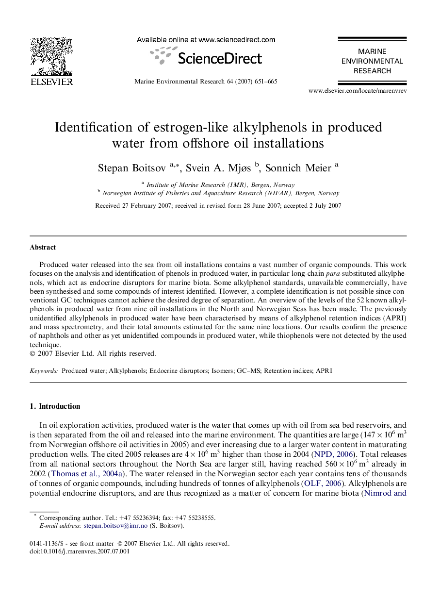 Identification of estrogen-like alkylphenols in produced water from offshore oil installations