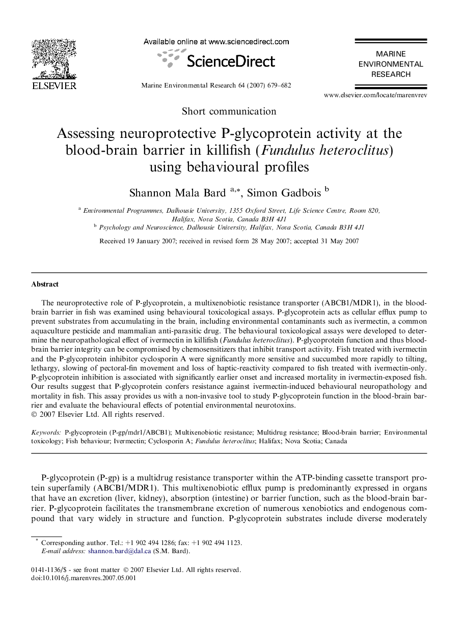 Assessing neuroprotective P-glycoprotein activity at the blood-brain barrier in killifish (Fundulus heteroclitus) using behavioural profiles