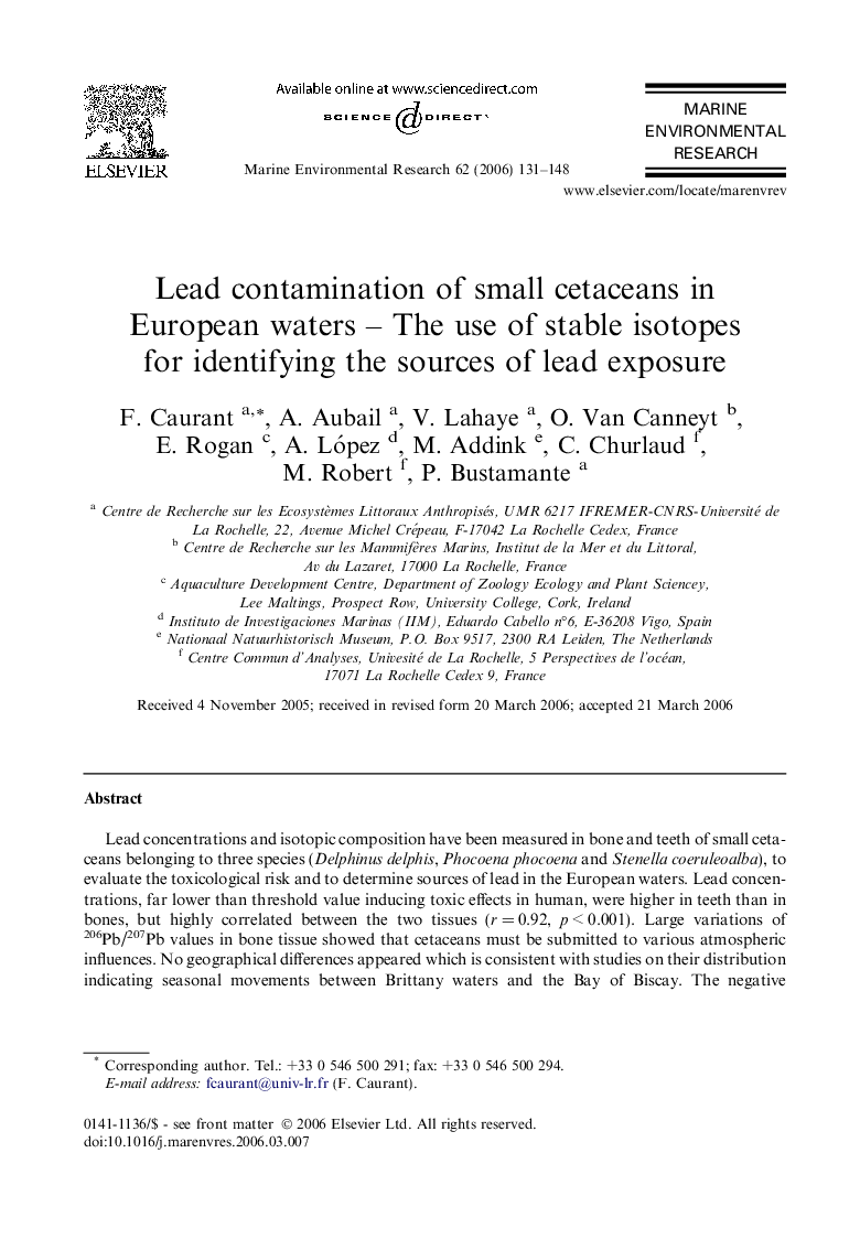 Lead contamination of small cetaceans in European waters – The use of stable isotopes for identifying the sources of lead exposure