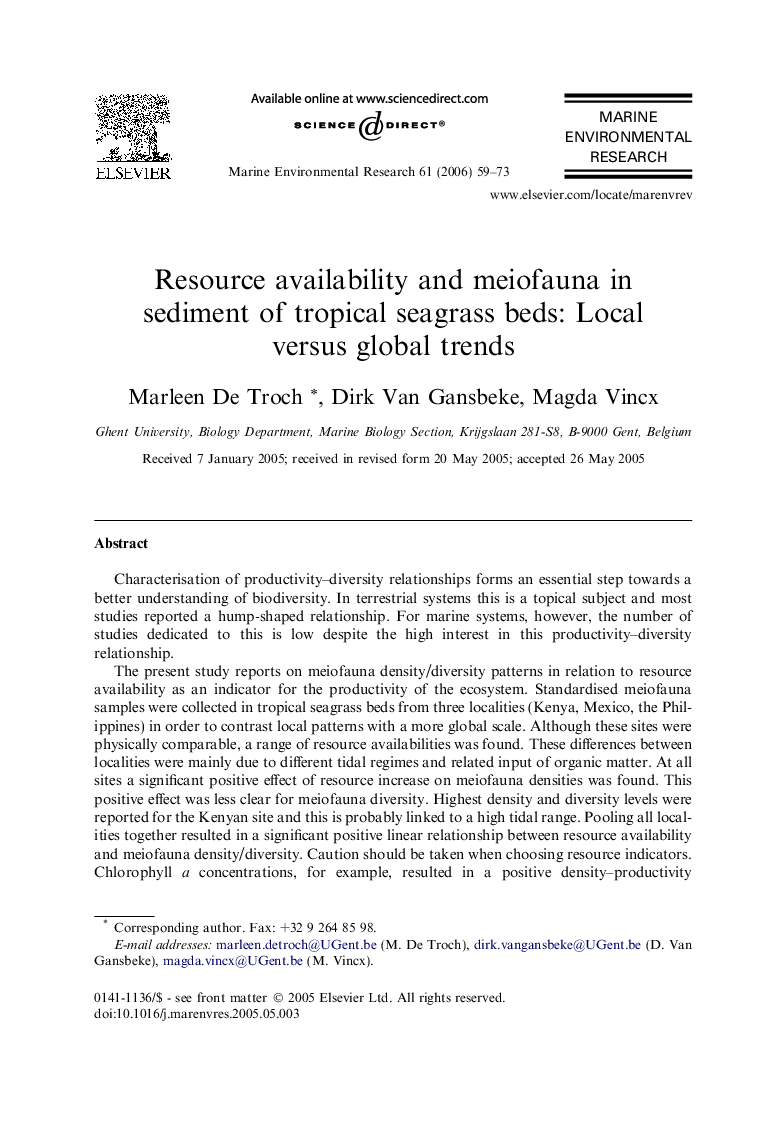 Resource availability and meiofauna in sediment of tropical seagrass beds: Local versus global trends