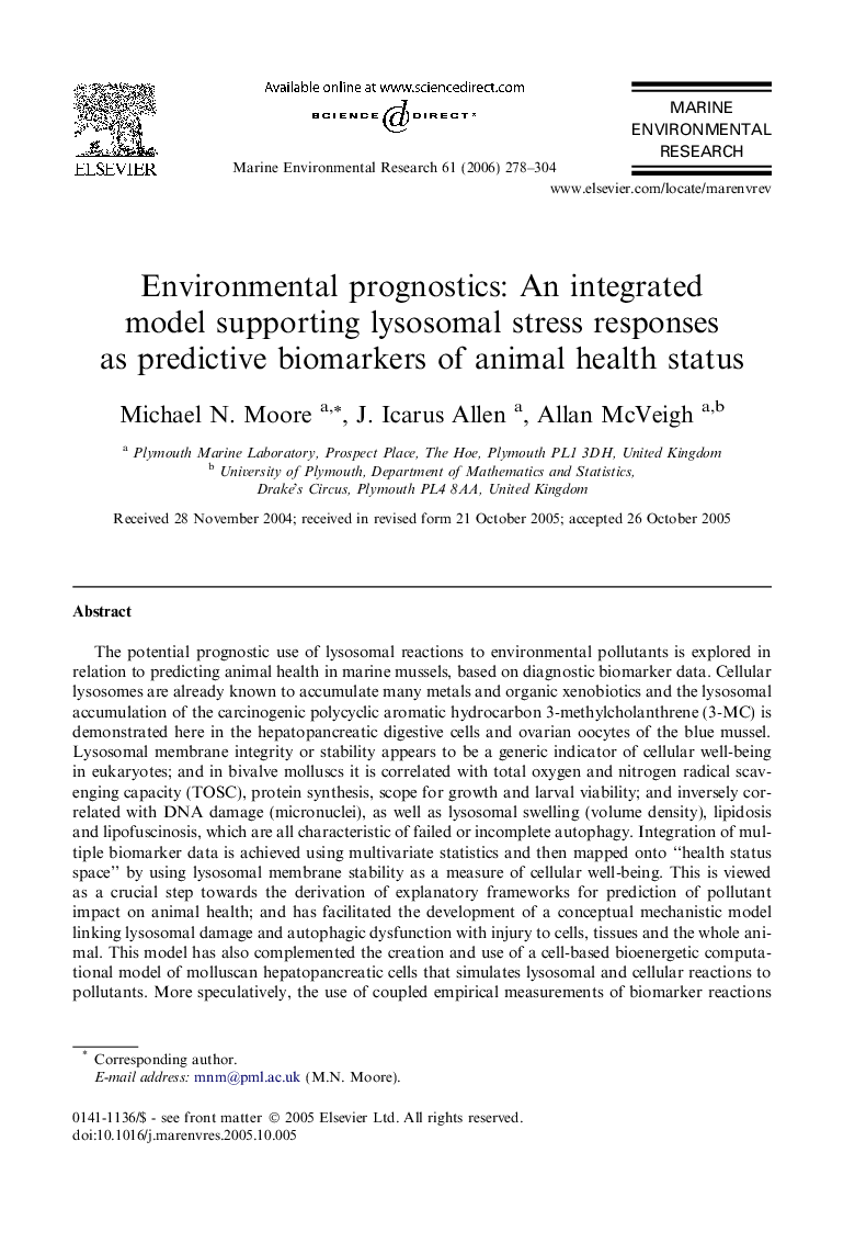 Environmental prognostics: An integrated model supporting lysosomal stress responses as predictive biomarkers of animal health status